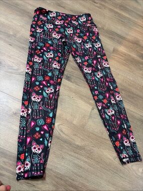 Constantly Varied Gear Black Leggings with Pink & Teal Sugar Skull Cat Print